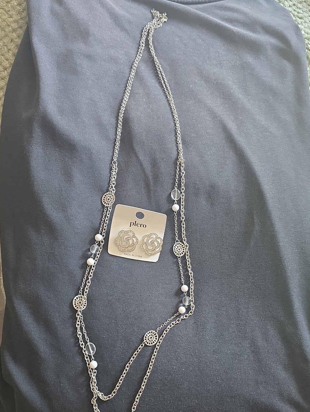 Silver Multi-Strand Beaded Necklace and Earring Set - Silver and White